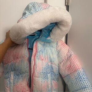 Snozu Kids Pink and Blue Patterned Puffer Jacket